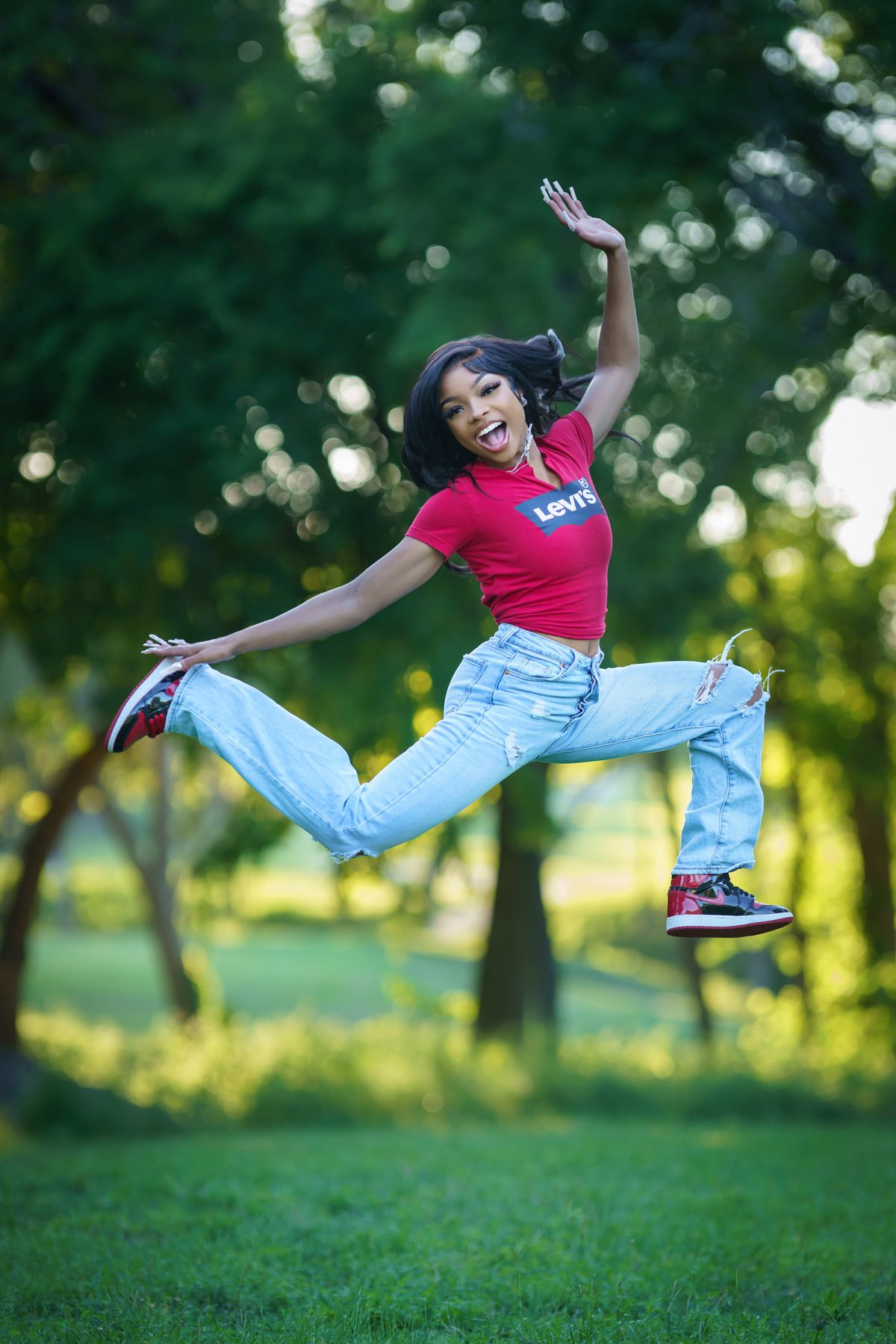 Senior jumping in the air outdoors